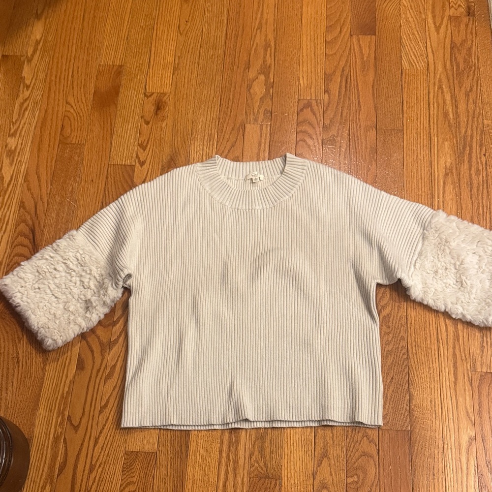 Women's Cream Sweater with Faux Fur Sleeve Cuffs
